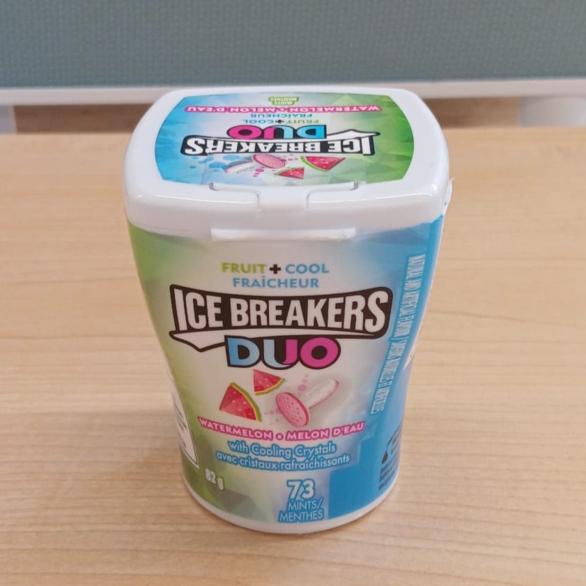 Ice Breakers Breath Mints:
The lid snapped shut with a short, clean click. Shaking the container produced a light rattling sound.