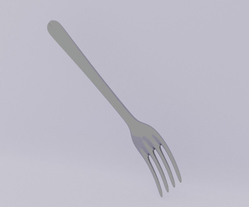 A 3D render of a fork. I used a purple background to give it a reflection. I learned you can do alot with a simple cube.